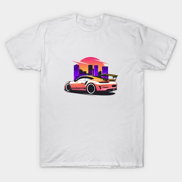 Orange GT3 RS in city skyline T-Shirt by KaroCars